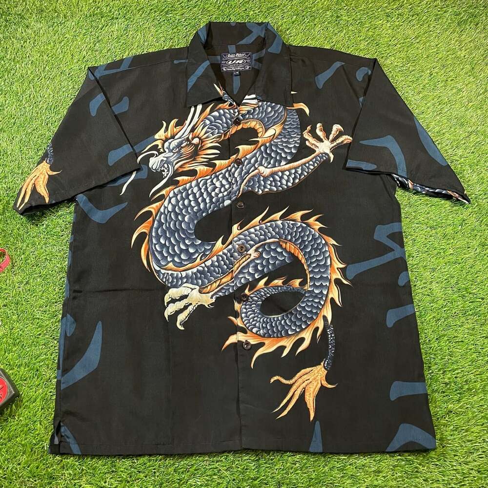 Y2K Urban Rags Dragon Short Sleeve Button Up Shirt Size L Black Polyester